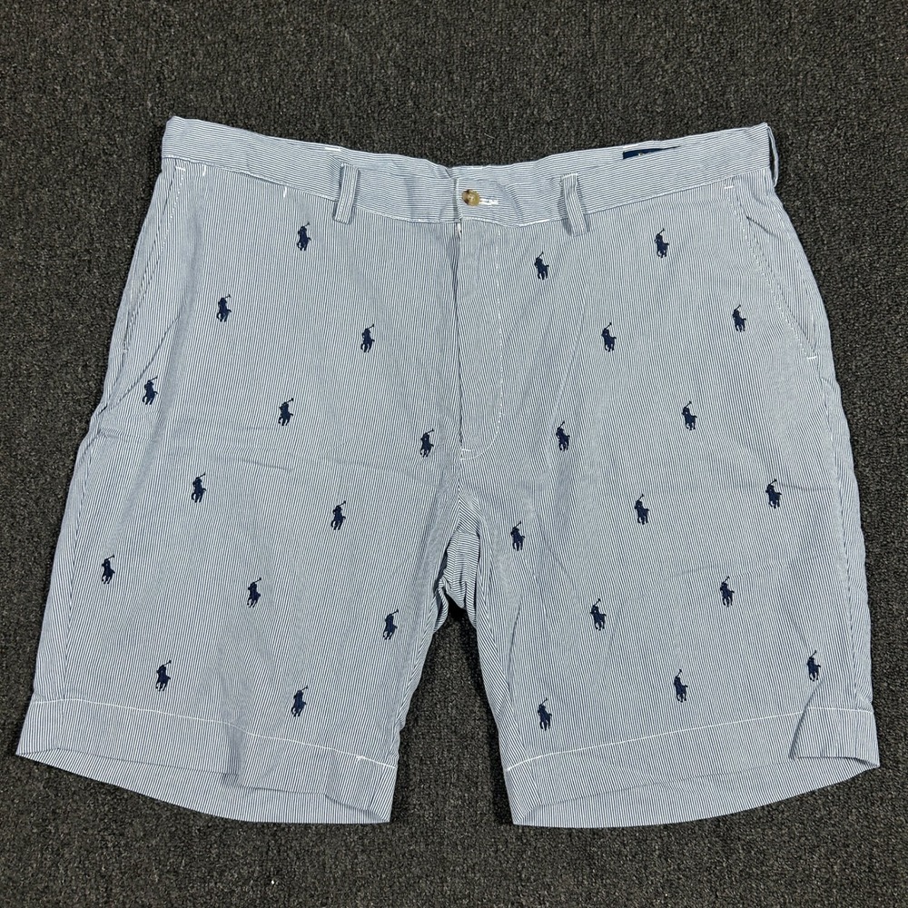 Polo Ralph Lauren Shorts Mens 40 Blue Seersucker Pony Logo Classic Fit 9 Striped
